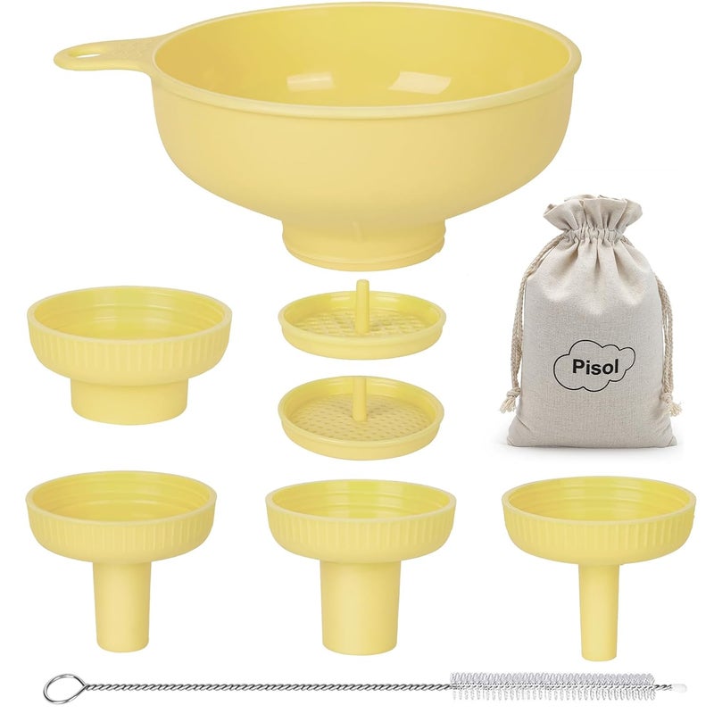 Pisol Wide Mouth Versatile Funnel, Canning Funnels for Kitchen Use, Food Grade Plastic Cooking Funnel Set with 4 Size Spouts and 2 Strainers for Filling Different Bottles and Bags, Yellow - Image 1